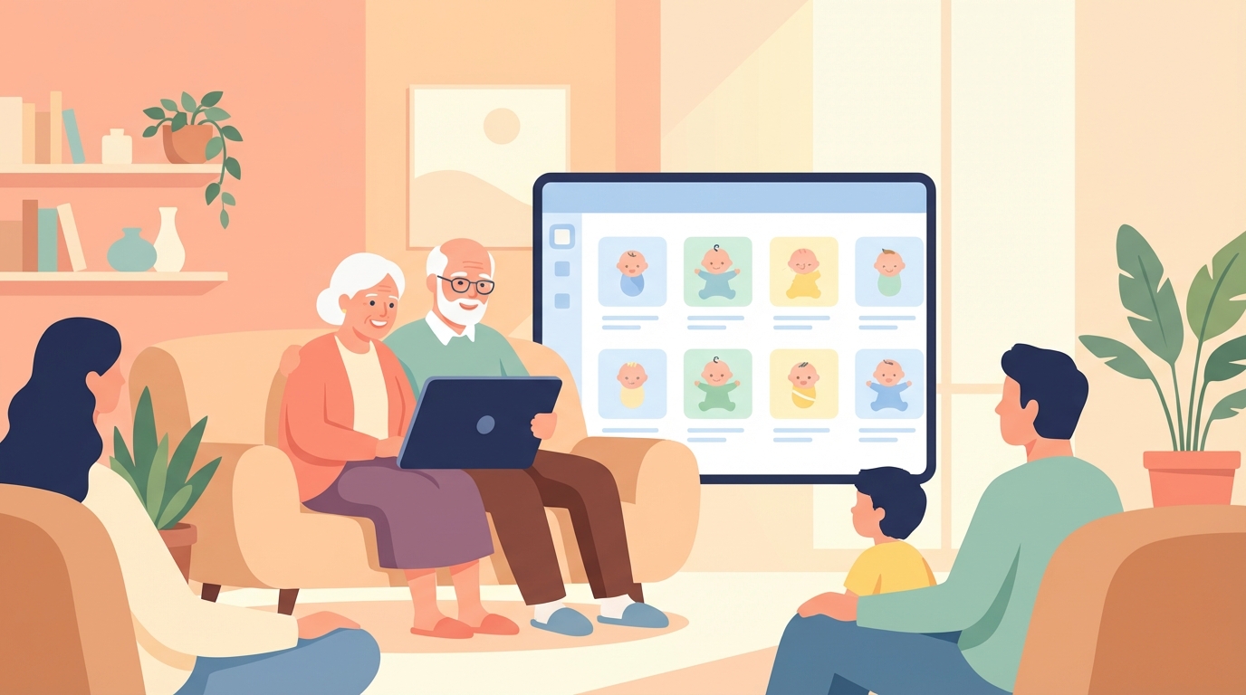 Grandparents looking at shared baby photos on a tablet
