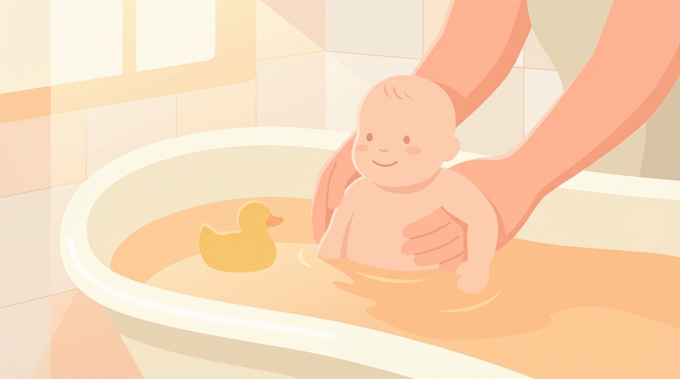 A content baby in a warm bath with a rubber duck, supported by a parent's hands