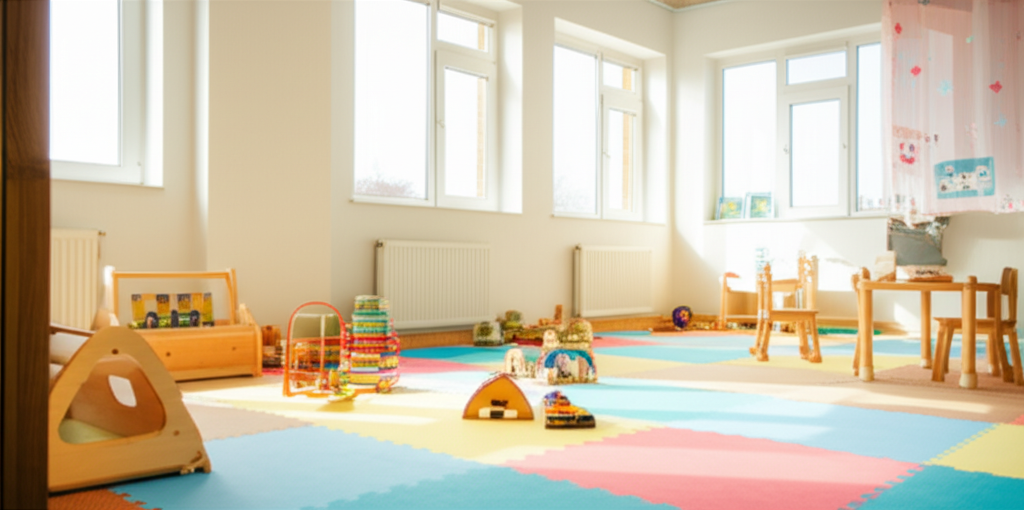 A modern daycare room with soft play mats, wooden toys, and sunlight coming through large windows