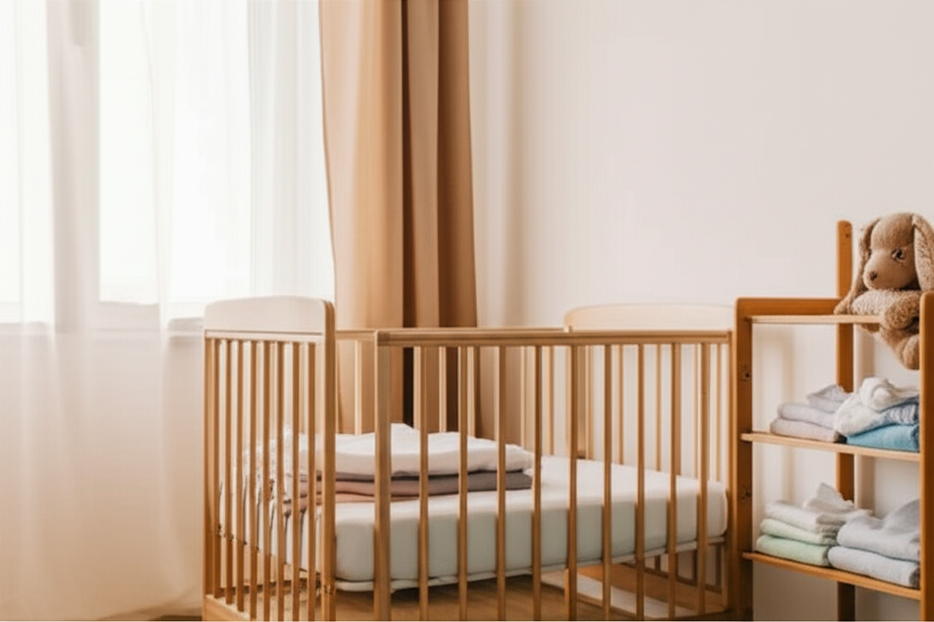 A calm nursery corner with a wooden crib, a small shelf of folded baby clothes, and soft natural light