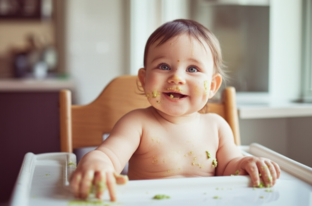 Baby experiencing messy food for the first time