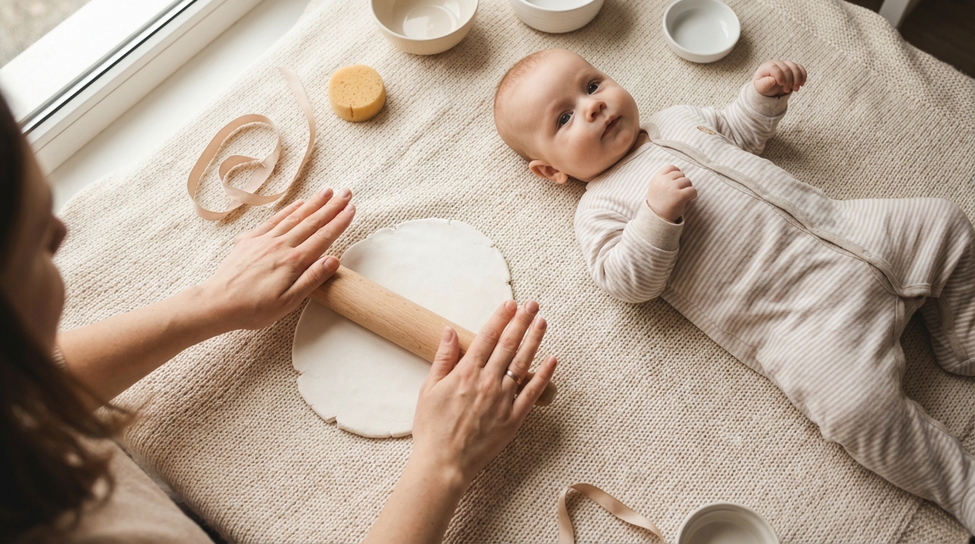 A calm baby lying on a soft blanket with a parent nearby preparing clay and keepsake materials