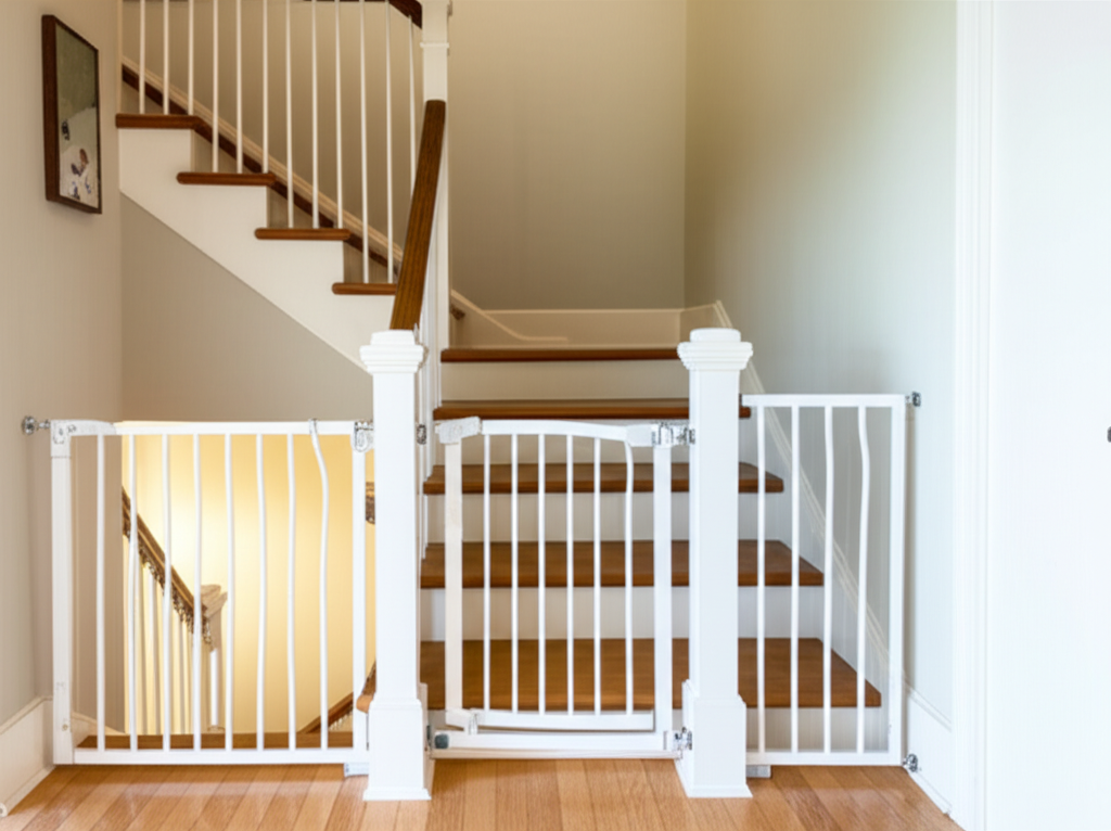 Baby gates installed at top and bottom of a staircase in a bright home
