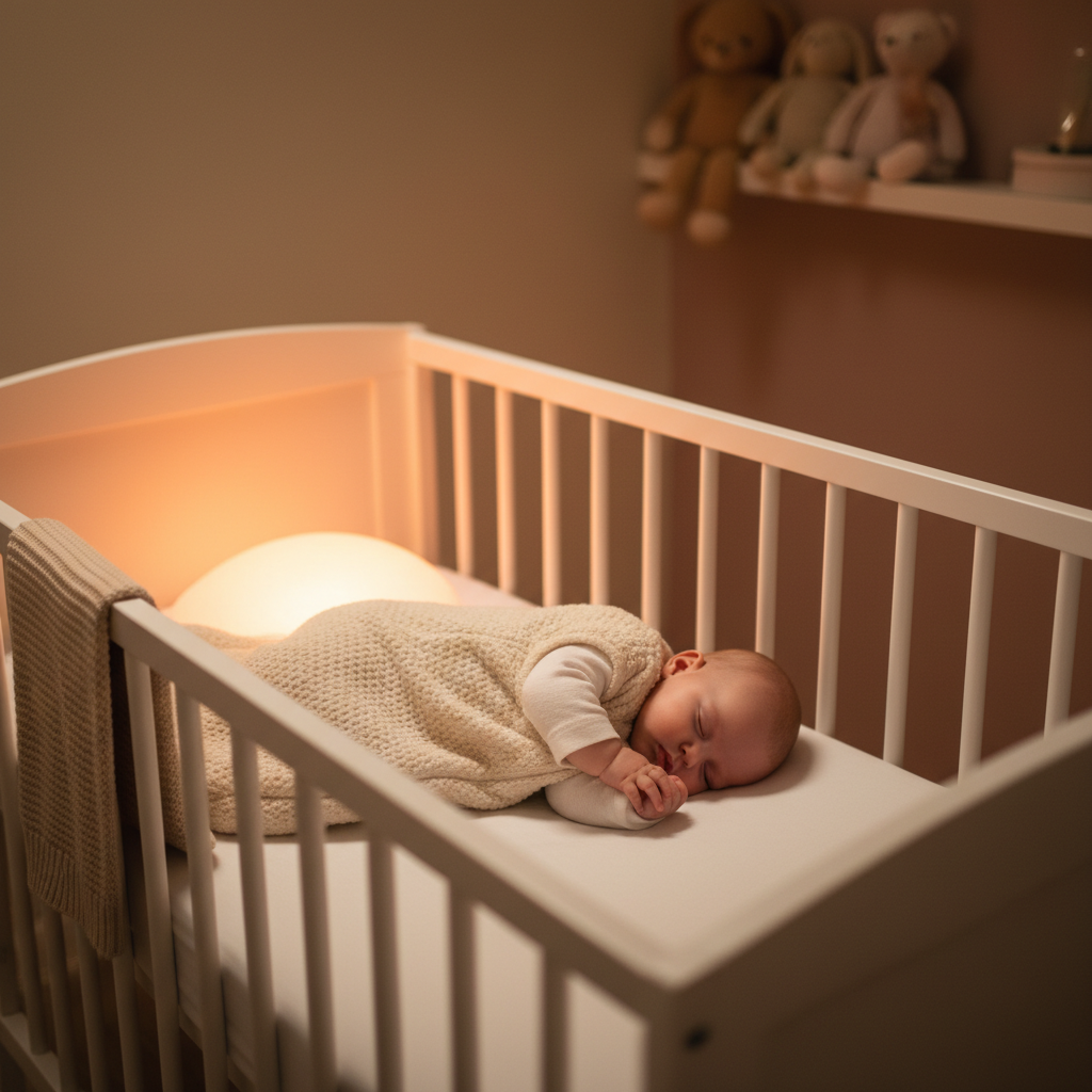 Baby sleeping peacefully in a sleep sack in a crib with soft nightlight glow