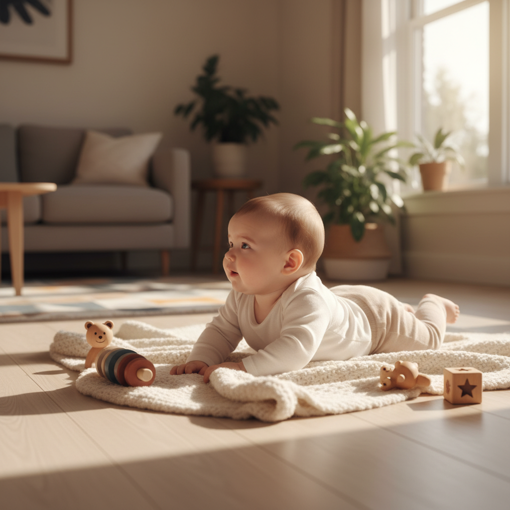 Baby doing tummy time on a blanket on a wooden floor with toys nearby