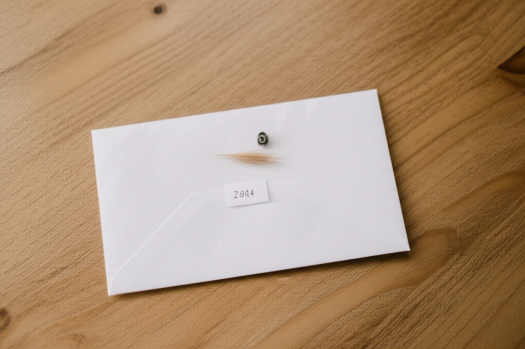A small envelope with a lock of baby hair and a handwritten date label