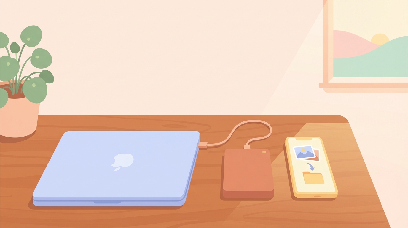 Laptop, external hard drive, and phone on a desk for backing up baby photos