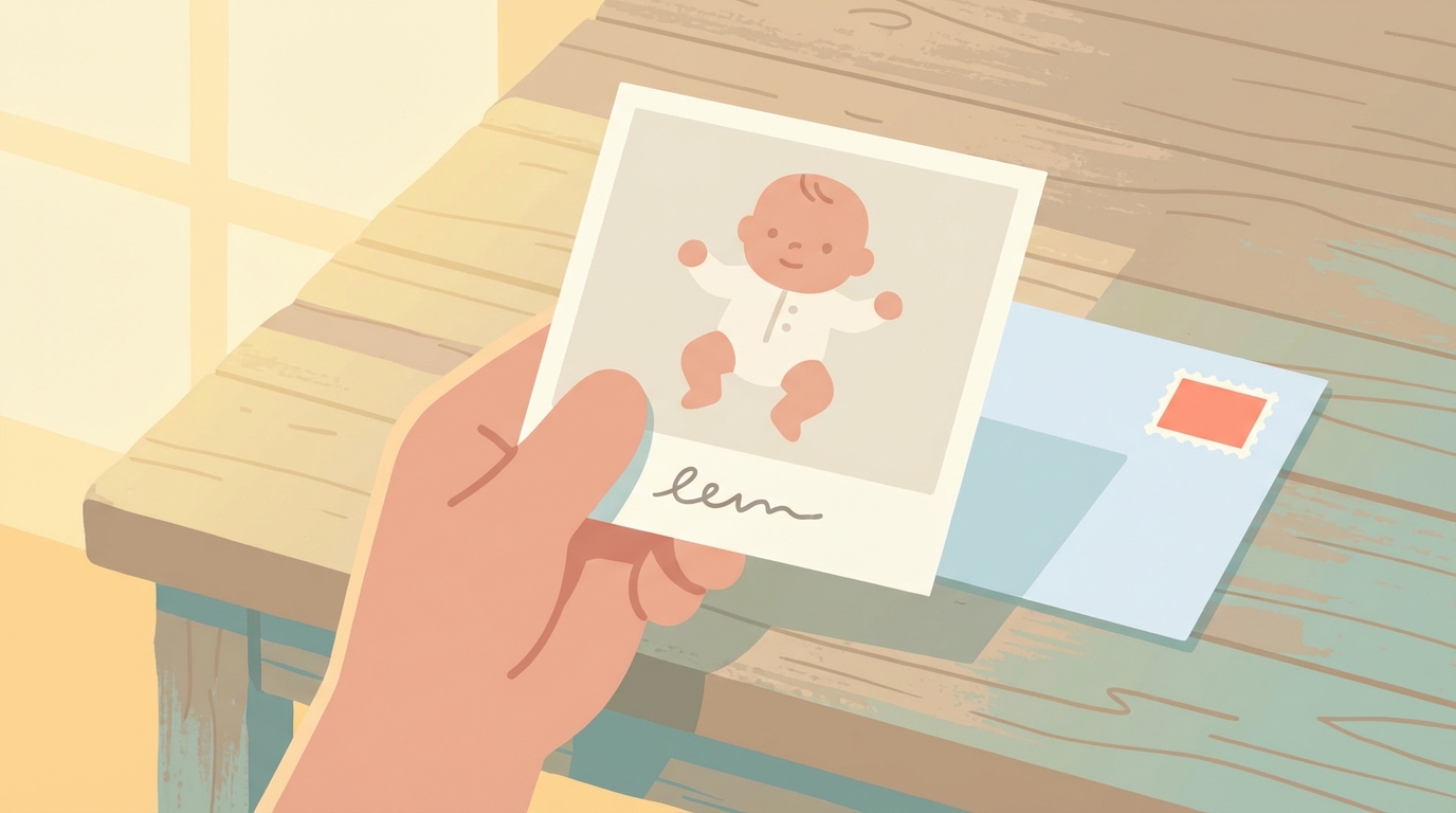 A hand holding a printed baby photo with a handwritten note, next to an envelope and stamp on a wooden table