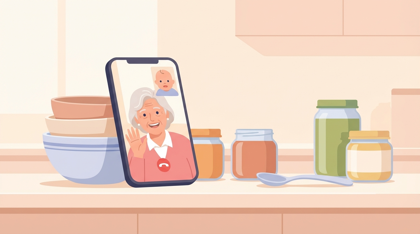 A grandmother waving on a video call displayed on a phone propped up on a kitchen counter next to baby food jars