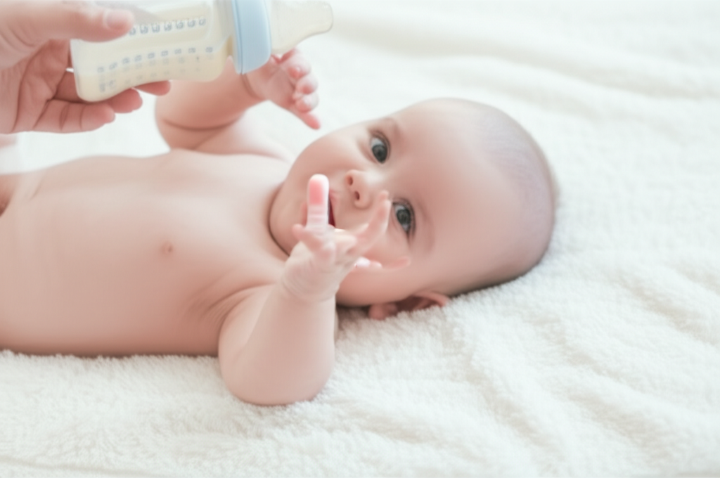 A baby lying on a soft blanket reaching toward a parent's hand, with a bottle nearby