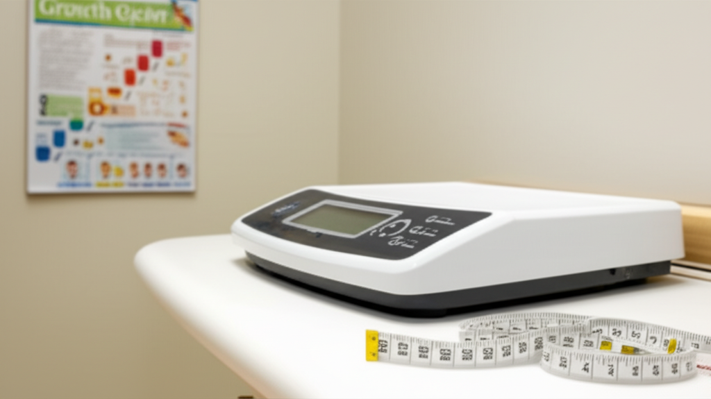 A pediatrician's office with a baby scale, measuring tape, and a growth chart on the wall