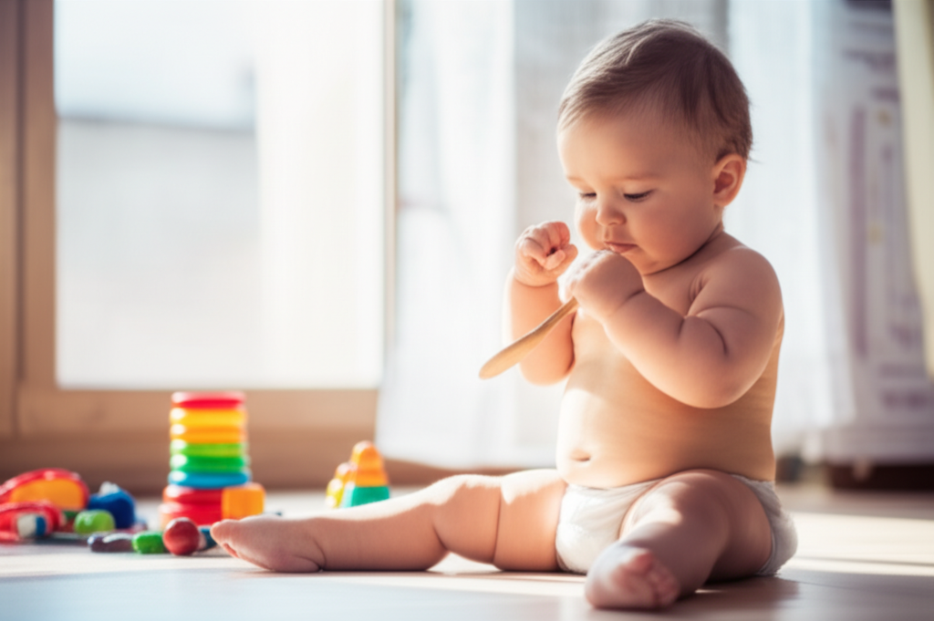 A baby sitting on a kitchen floor holding a wooden spoon, ignoring colorful toys scattered around them