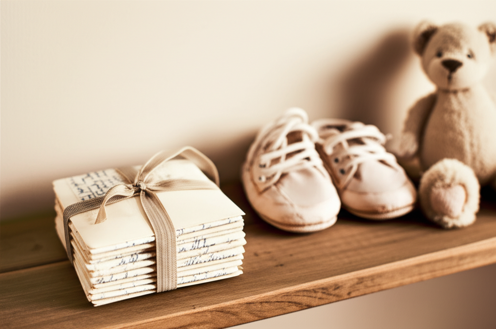 A small stack of handwritten letters tied with a ribbon next to baby shoes and a stuffed bear on a wooden shelf