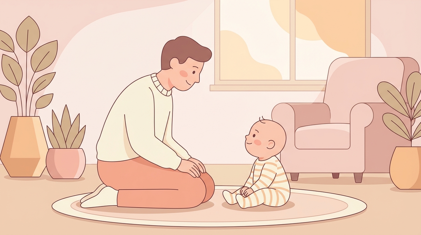 A parent kneeling at floor level, face to face with a baby, practicing saying their name