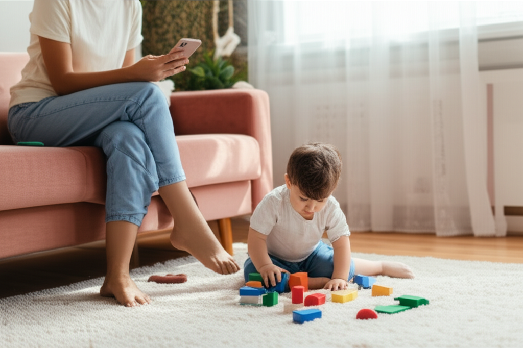 A parent typing on their phone while a toddler plays with colorful blocks on the living room floor