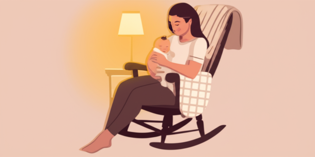 A parent holding a sleeping baby in a rocking chair in soft evening light