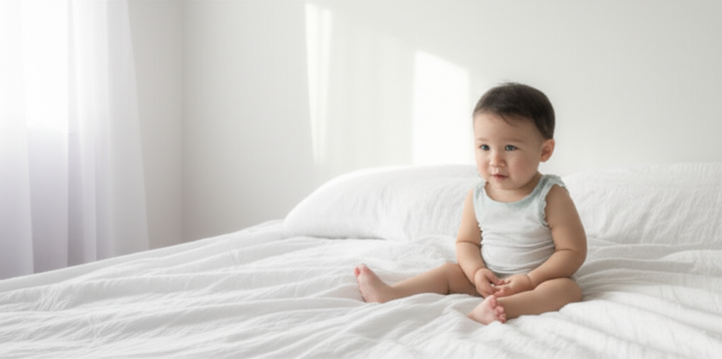 A baby sitting on a white bed near a large bright window, bathed in soft natural light