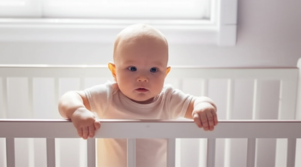 A baby pulling up to stand in a crib, holding the railing, looking surprised