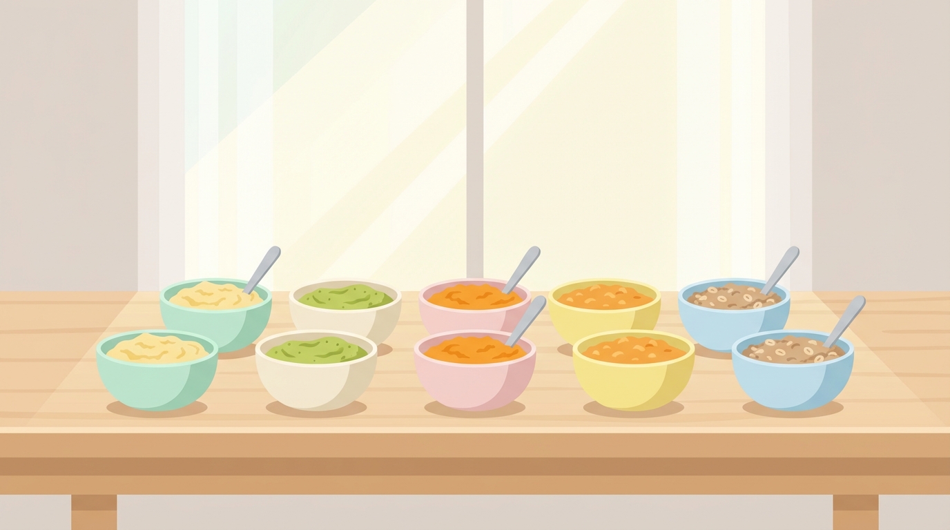 Small colorful bowls of baby food on a wooden table with mashed banana, avocado, and butternut squash