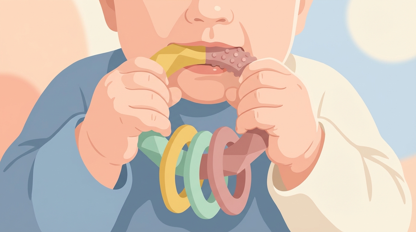 A baby chewing on a colorful silicone teething ring