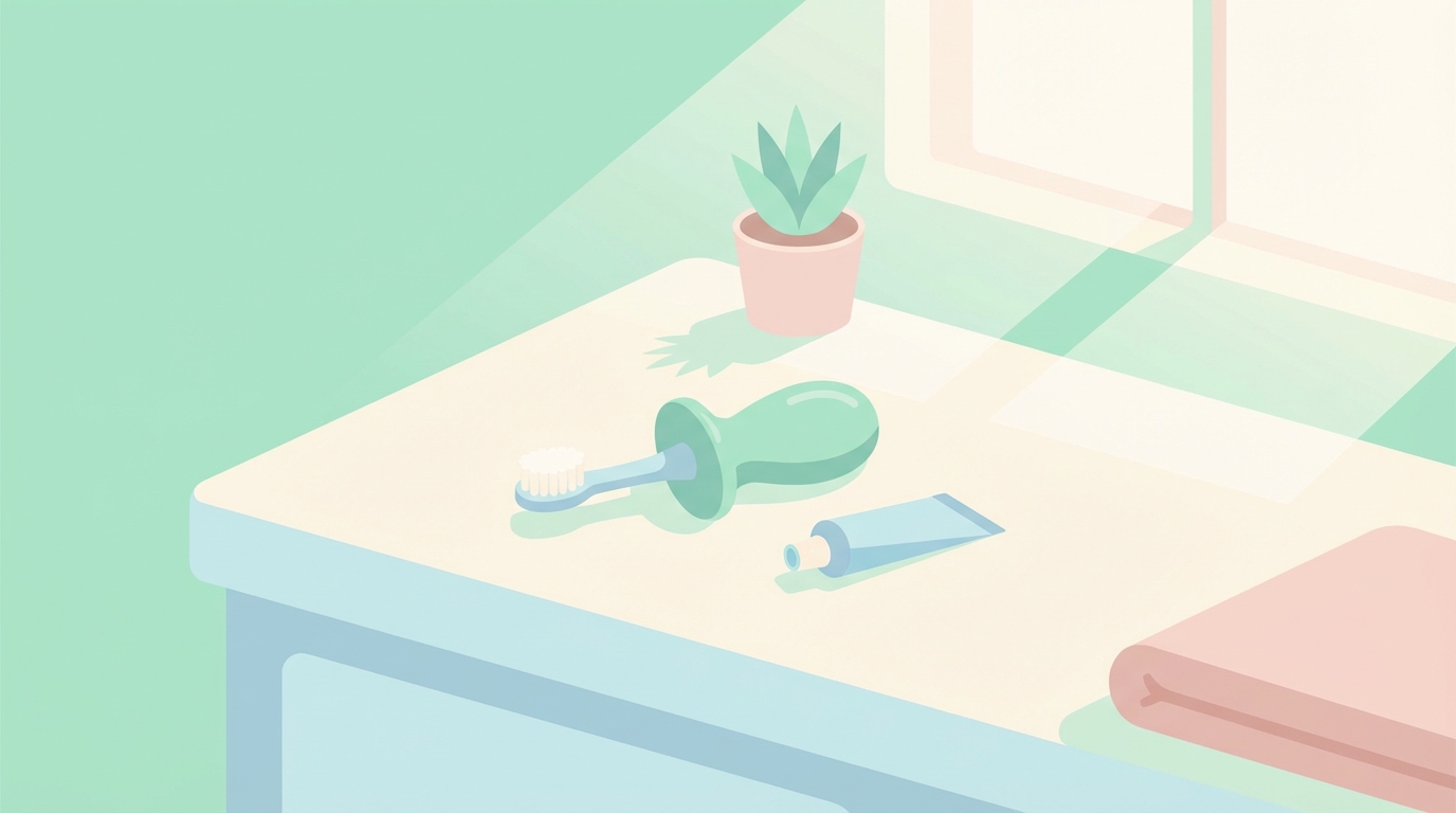 A small soft infant toothbrush next to a tiny tube of toothpaste on a bathroom counter