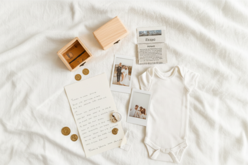 A flat-lay of baby time capsule items: a wooden keepsake box, handwritten letter, polaroid photos, baby onesie, coins, and a newspaper clipping on a cream linen background