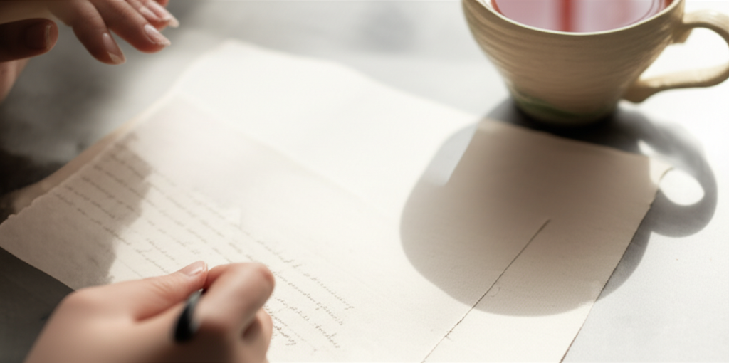 A parent writing a handwritten letter on cream stationery with a cup of tea nearby in soft window light