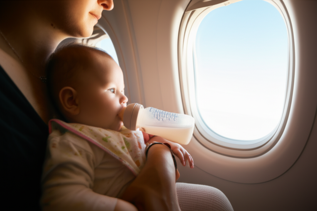 A parent holding a baby on an airplane, the baby drinking from a bottle near the window