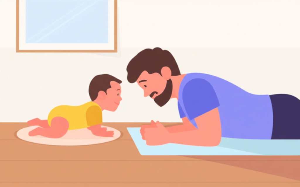 A parent lying on the floor face to face with their baby during tummy time